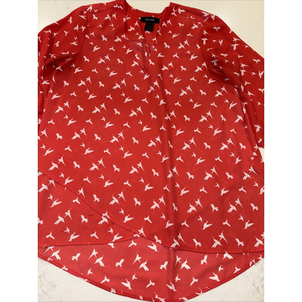KAREN KANE Womens L Red Hummingbirds Bracelet Sleeve Asymmetric Top Blouse Flowy